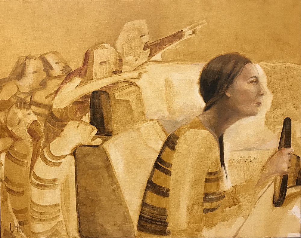 Day After Day - Painting by UTN, Woman Driveing in car wtih many figures pointing and talking in the back seat.