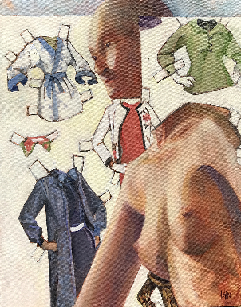 What Make Do I Wear - Painting by UTN, Woman with ageless face naked with cloths all around.