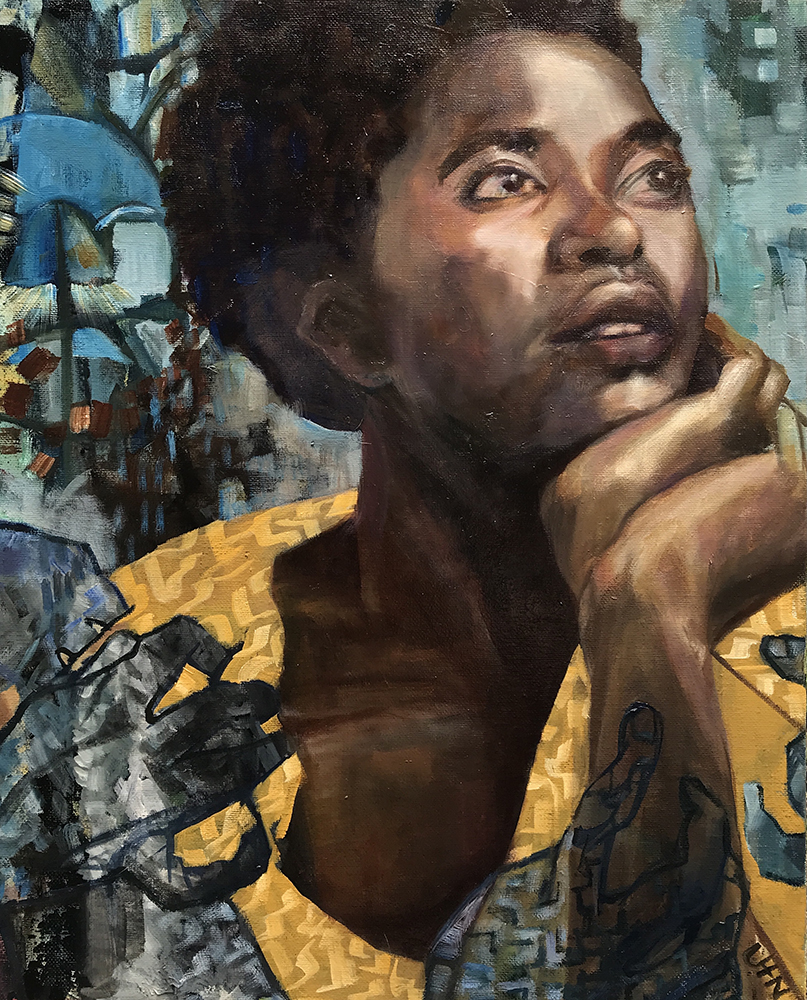 Wishing - Painting by UTN, Woman wearing yellow looking out maybe resting to the future with 