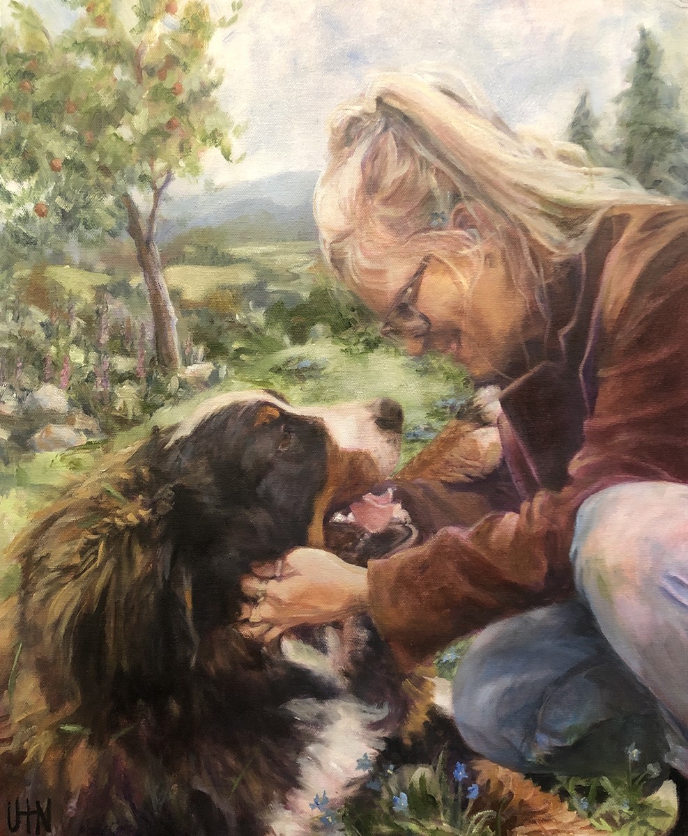 Best Friend - Painting by UTN, woman kneeling while petting her big dog who's laying on grass