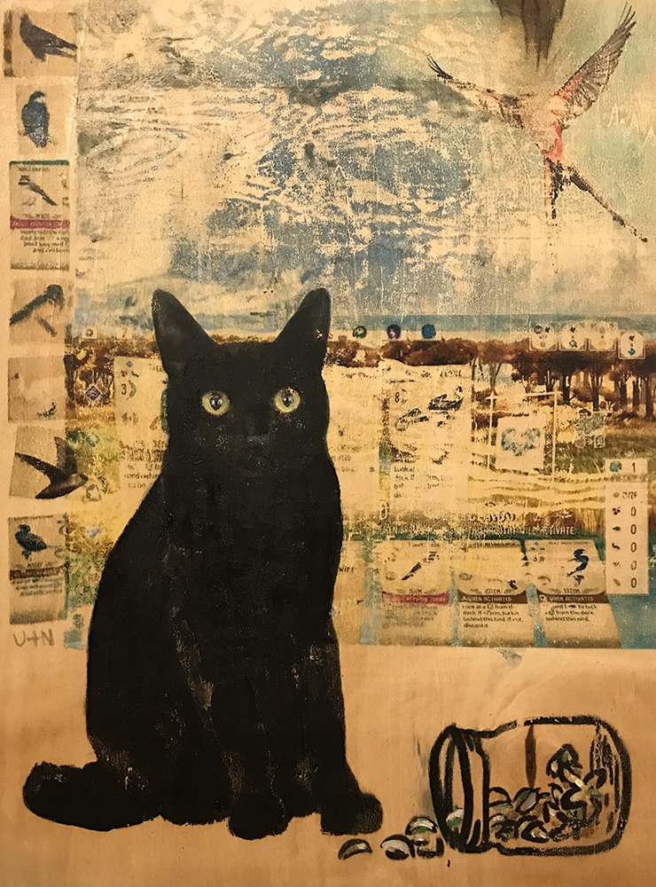 Em Oi - Painting by UTN, black cat and bird collage