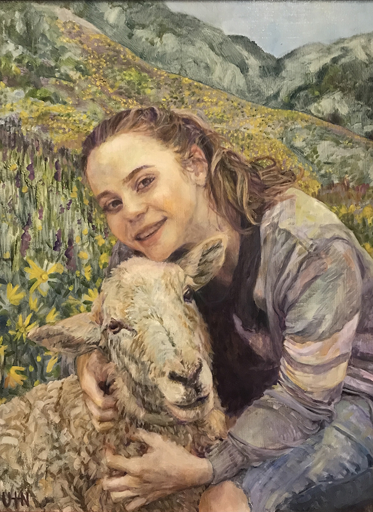 Faith & Coco - Painting by UTN, girl hugging lamn on a flower filled mountain side