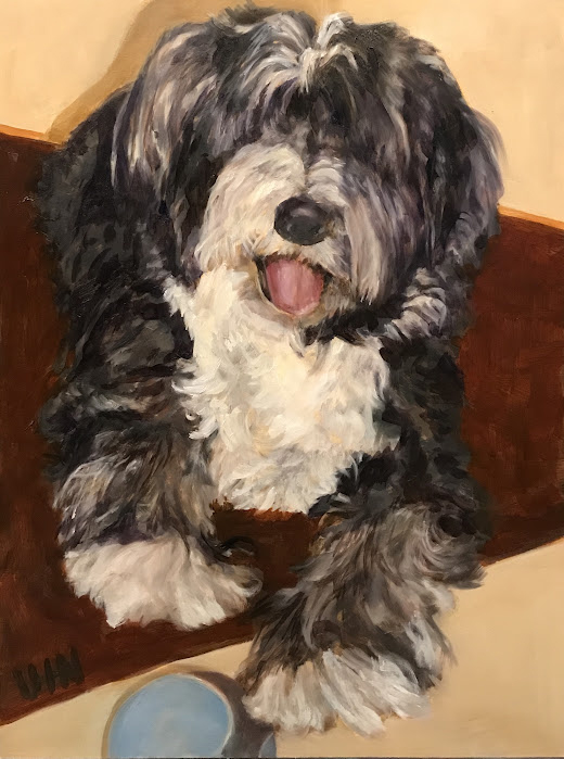 Faye Faye - Painting by UTN, white and black long haired dog with a ball