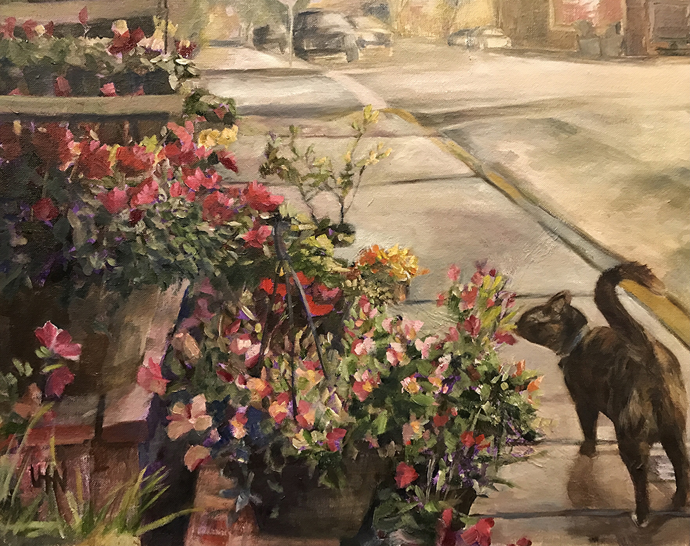 Main St Morning - Painting by UTN, brown cat smelling sidewalk flowers