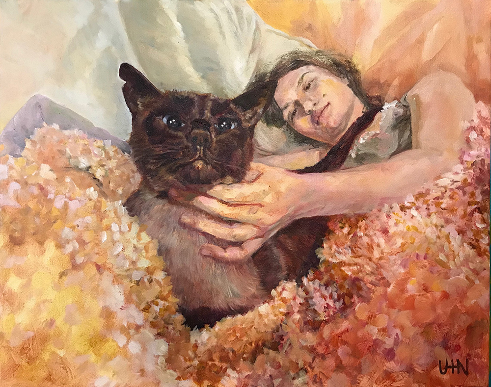 Maya and Chips - Painting by UTN, burmese cat on fuzzy blanket getting pet by girl