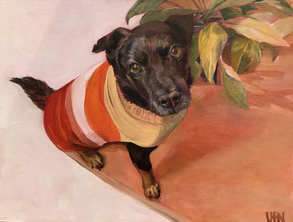 Randal - Painting by UTN, black dog wearing dog clothes next to a small house plant