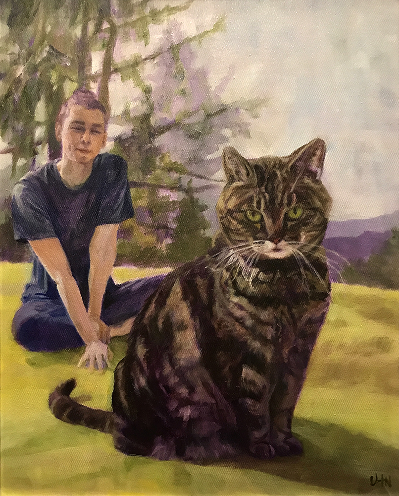 Stripey and Spencer - Painting by UTN, striped cat and girl on grassy hill