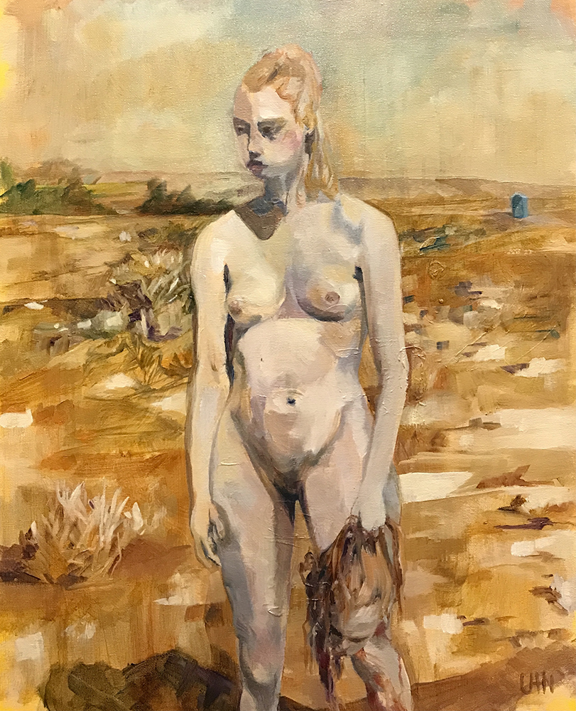 Double Hard - Painting by UTN, nude woman standing with decapitated head in desert