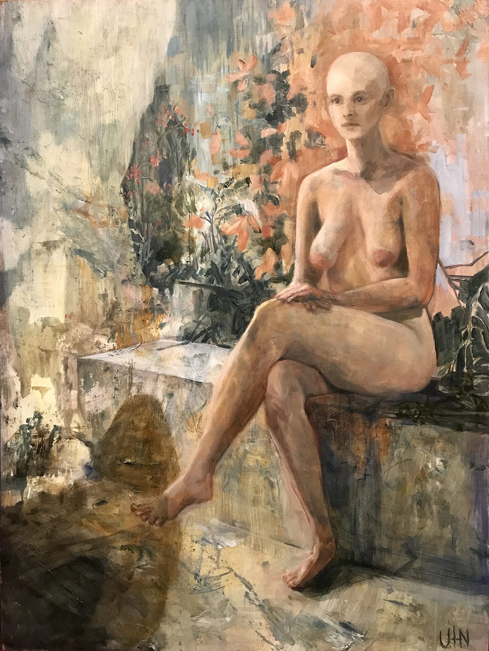 Metting Death - Painting by UTN, nude woman with no hair sits patiently for a mysterious figure