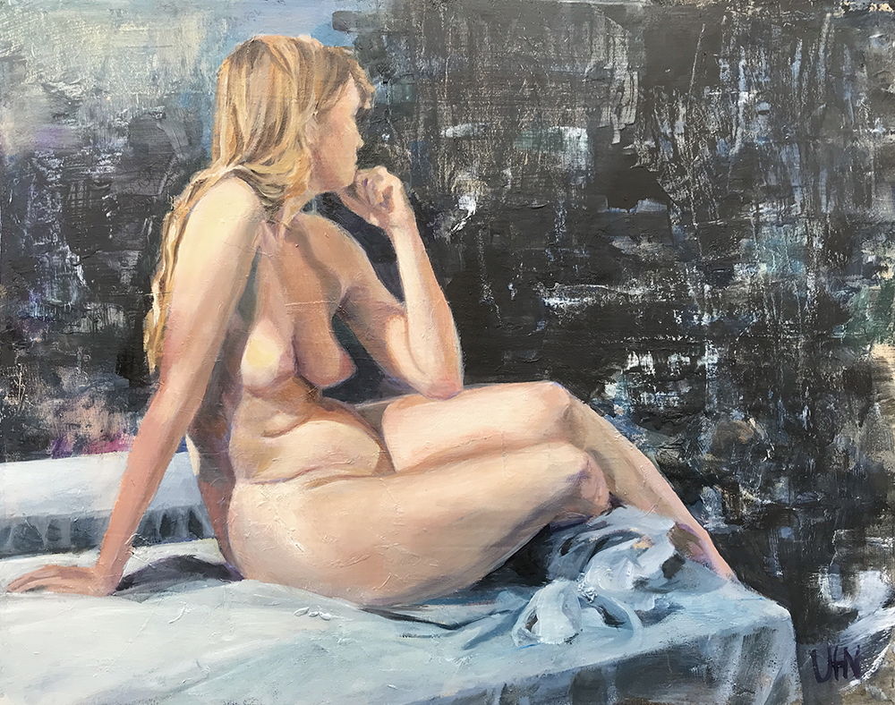 Ward 4 - Painting by UTN, nude woman sitting on white bed