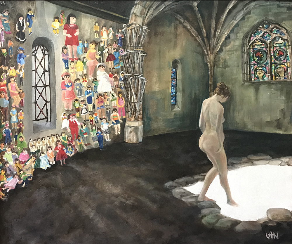 Abandoning Vanity - Painting by UTN, nude woman walking into a white pool in a church 