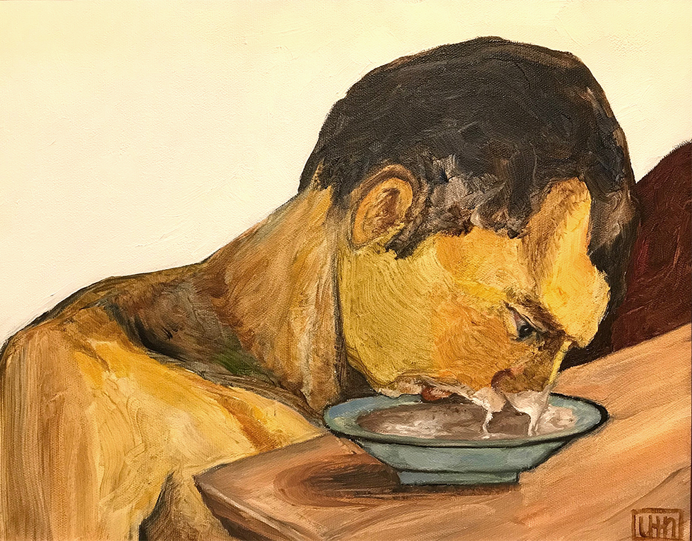 Breakfast - Painting by UTN, man eating breakfast