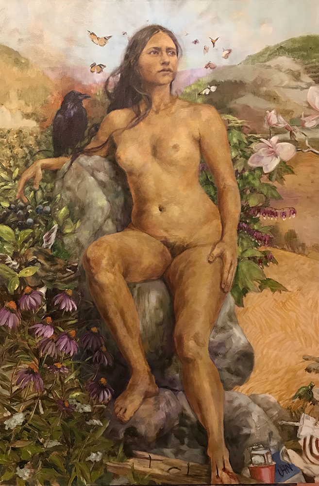 Mother Nature - Painting by UTN, native woman sitting on rocks with nature around her and unatural litter collecting at her feet