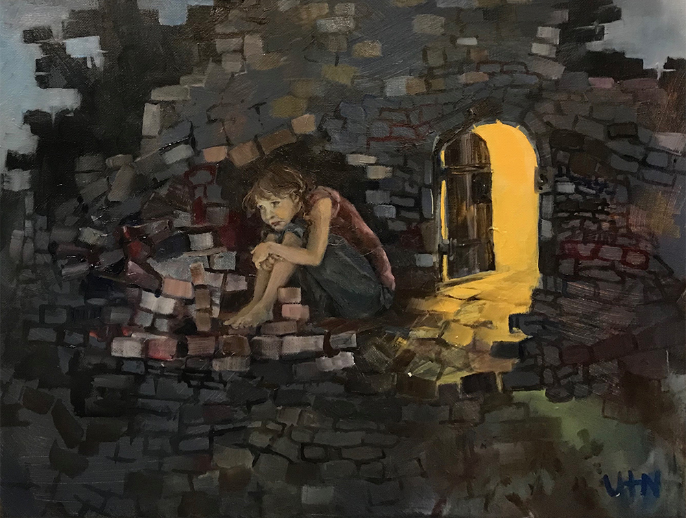 Safe in my Fortress - Painting by UTN, grey brick surrounding a girl crouched away from a small door with yellow light