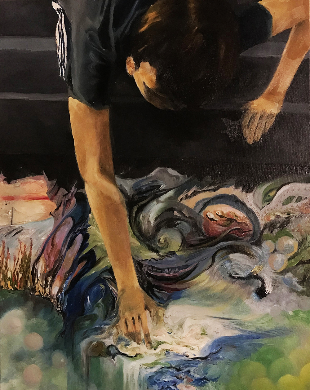 Something Unknown - Painting by UTN, a boy on stairs reaches his hand into something fantastical