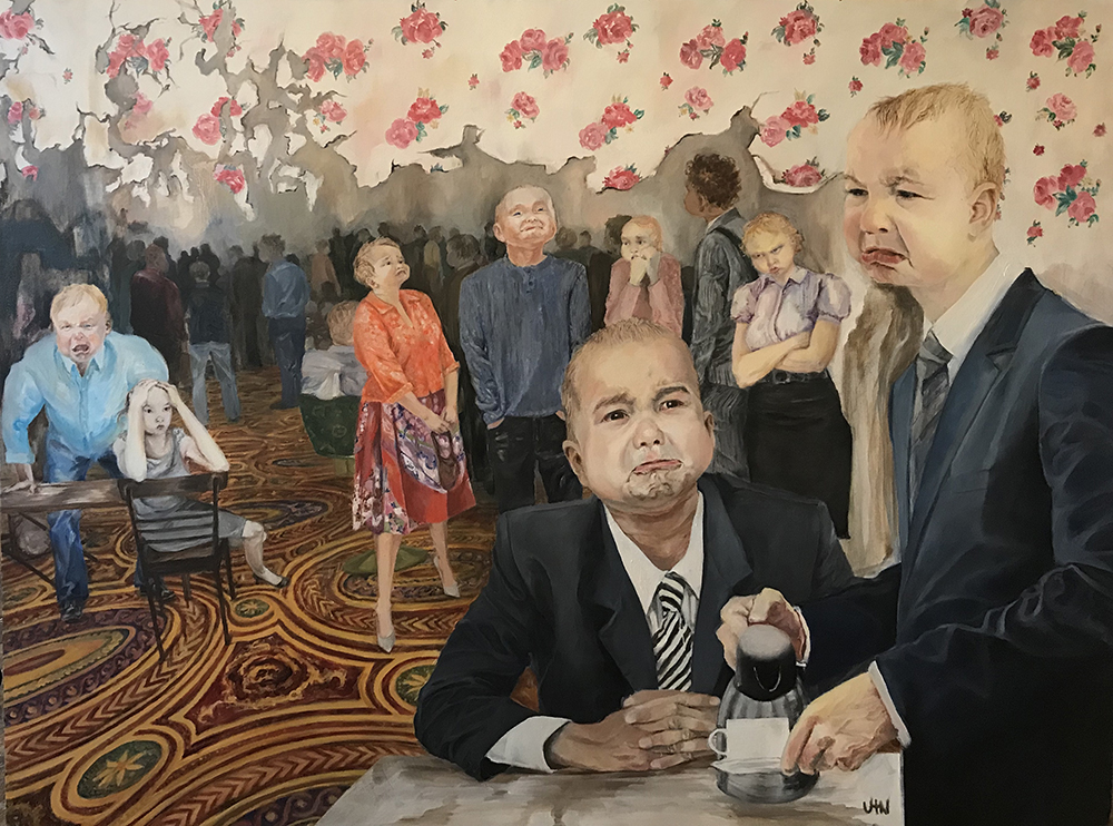 The Truth about Adults - Painting by UTN, adults with baby faces in big office