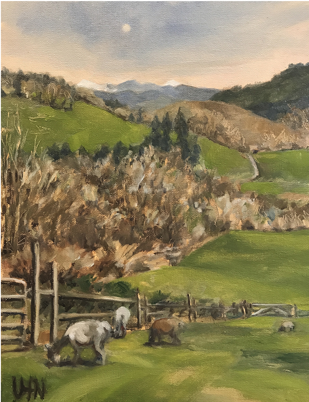 Luna Alpacas - Painting by UTN, alpacas on a farm inside a fence as hills rise in the distance
