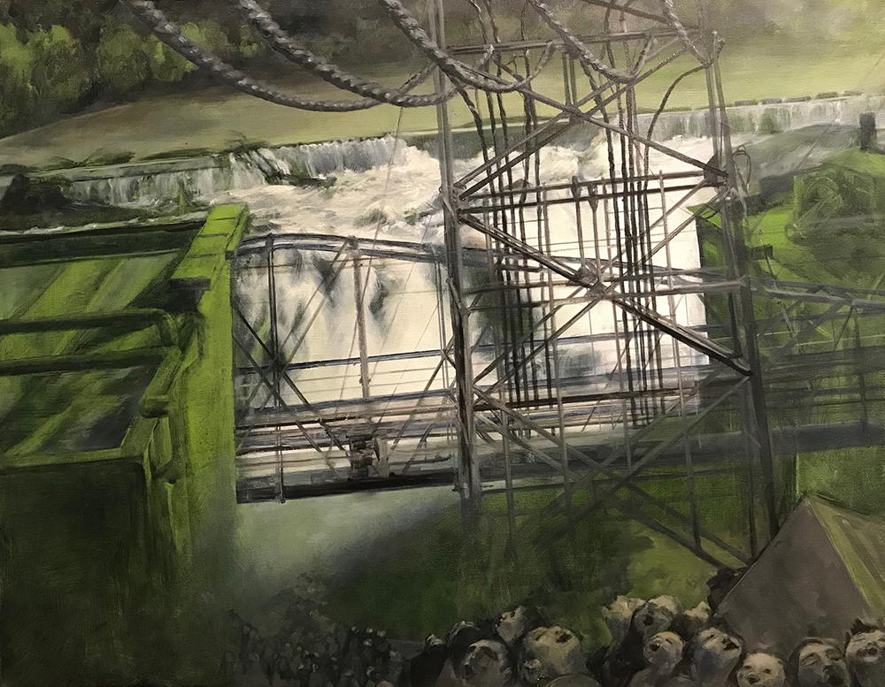 Thirst - Painting by UTN, big waterfall with electric lines in the foreground