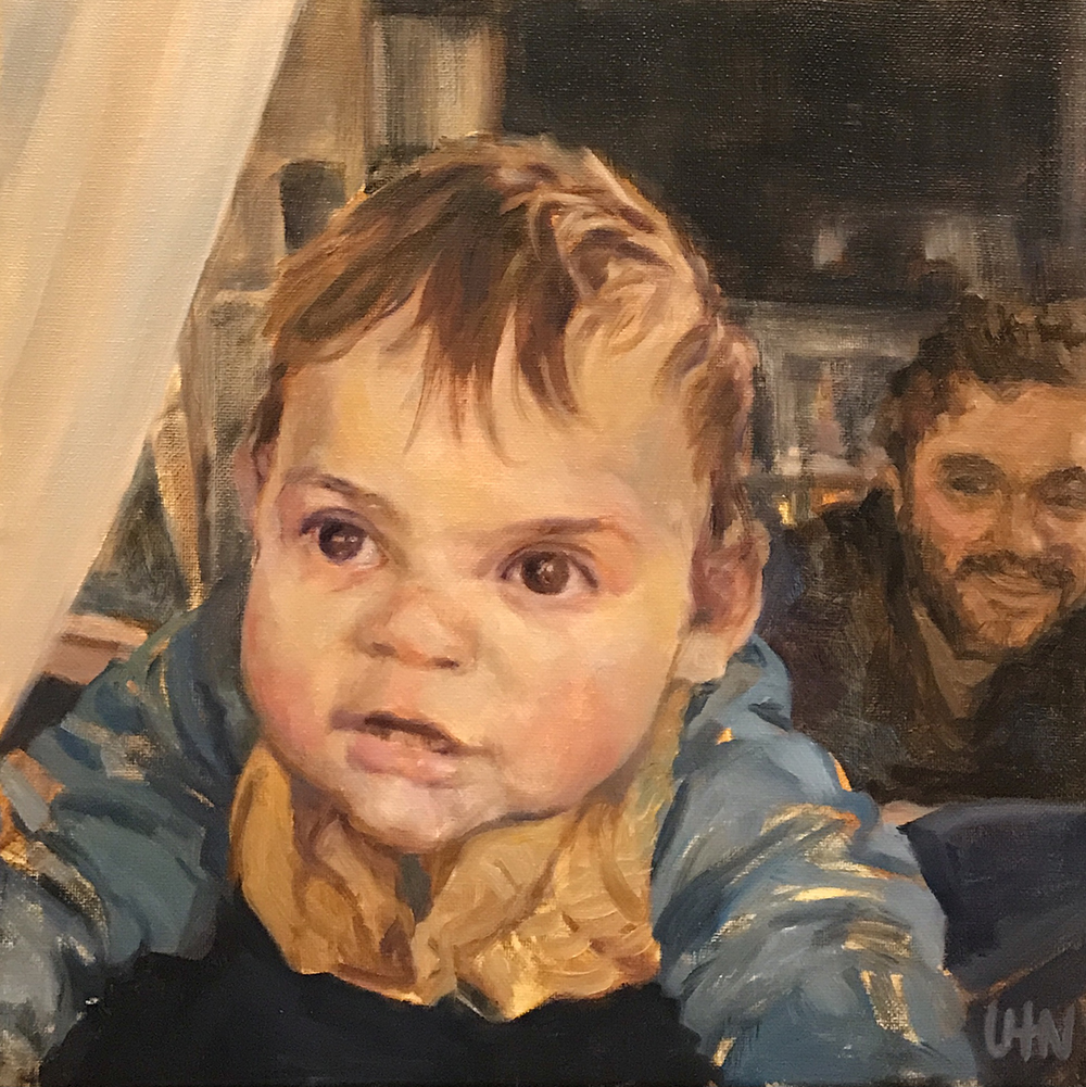 Baby River - Painting by UTN, a baby with nearly a full head of hair climbing with dad watching over