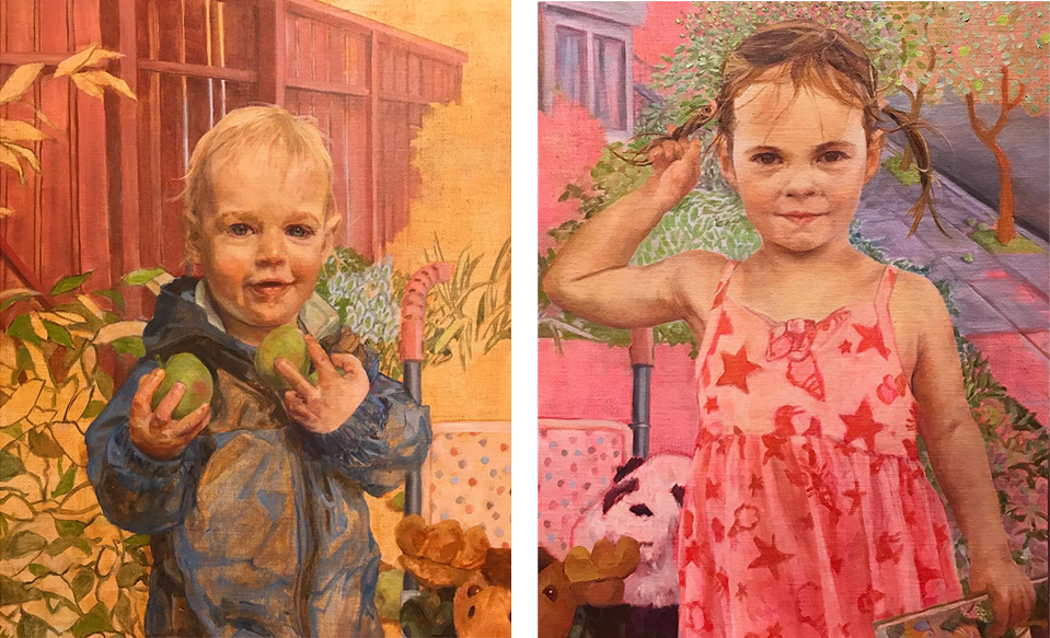 Ben & Sally - Painting by UTN, a pair of portraits of children Ben and Sally, the paintings can be put nexted to each other to form one scene