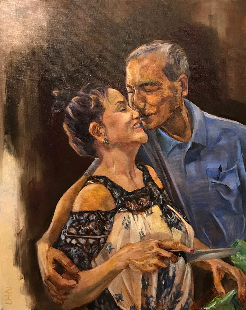 Tinh & Thai - Painting by UTN, a husband kisses his wife in the kitchen