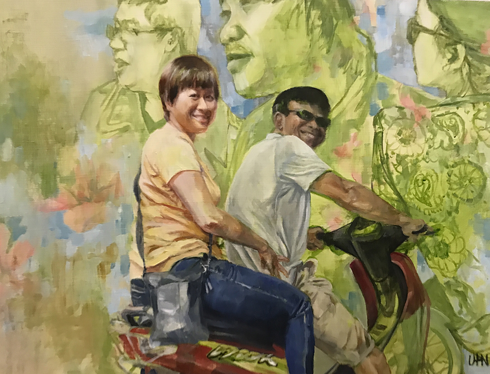 Julie and Co - Painting by UTN, couple on a motorcycle with drawings