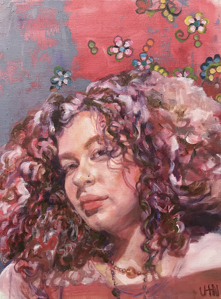 Little Smile Iris Inside - Painting by UTN, a woman with curly hair bordering her face, colors and background are light and pink