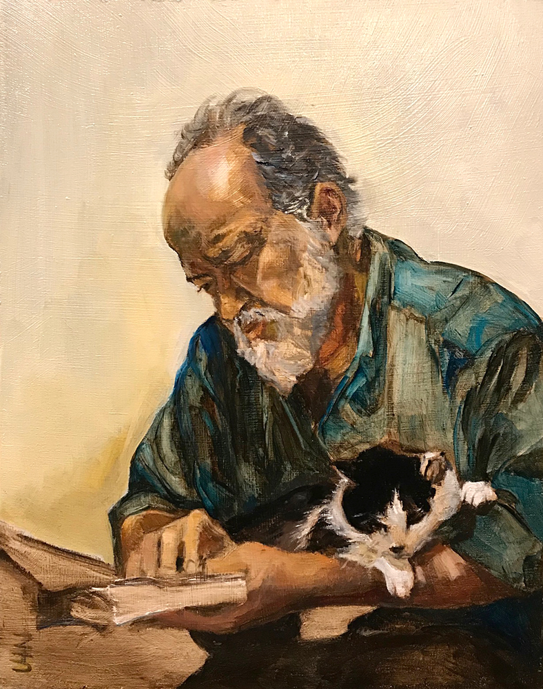 Clint - Painting by UTN, older man flipping the page of a book in his hands with a cat lying on his lap and arm