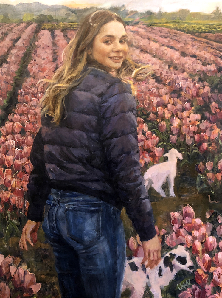 The Adventures of Faith - Painting by UTN, young woman with two baby lambs in a field of pink flowers as the sun illuminates more fields in the distance